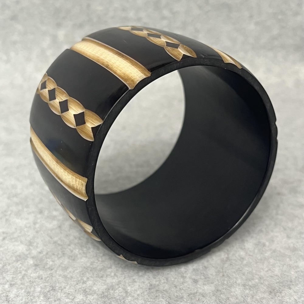 Wide Black Carved Resin Bangle Bracelet India‎ Bohemian Chunky Womens Fashion